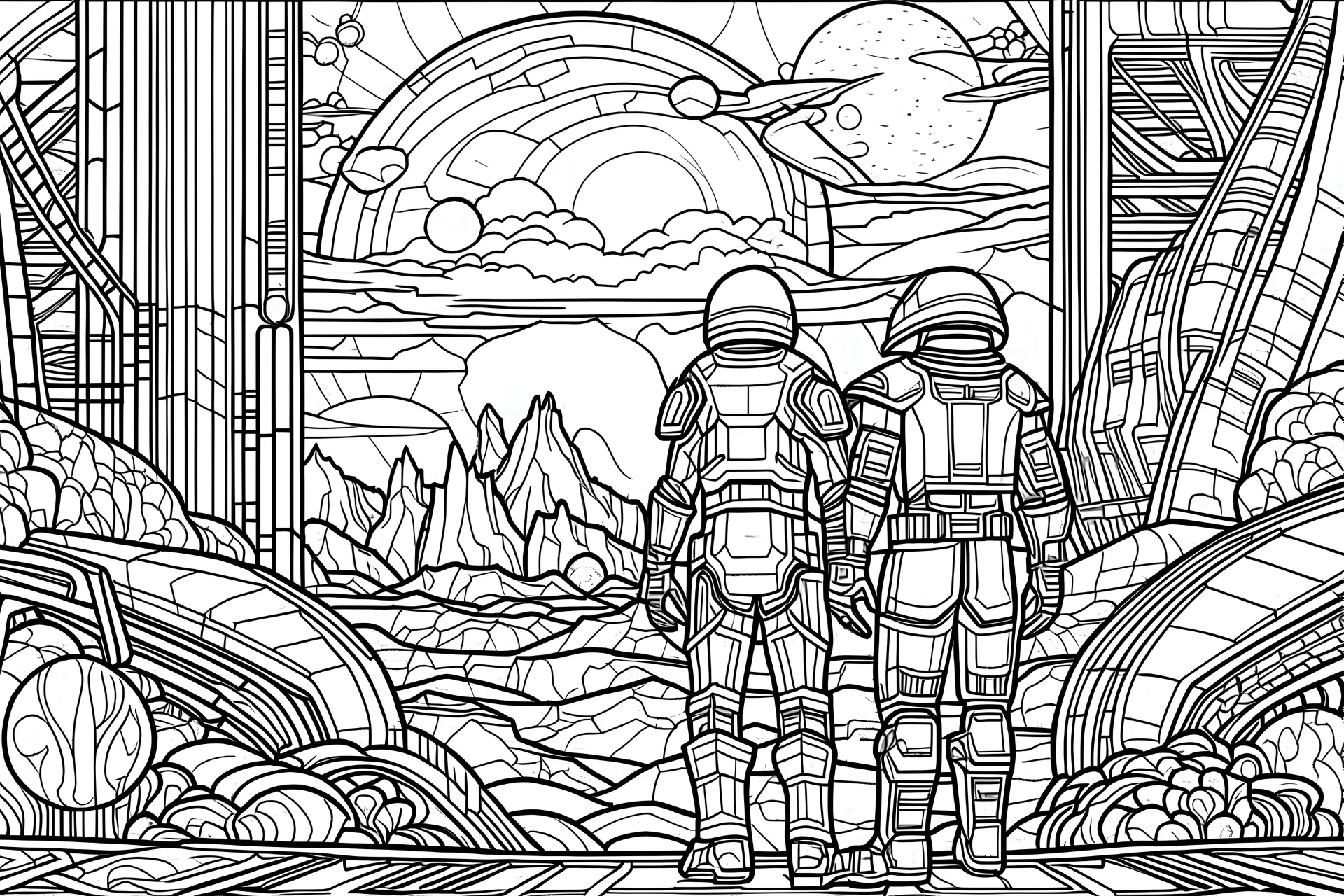 Visualize a black & white coloring book with thick contours and lines, all fitting within an 11x8.5 inch space. Figurines inspired by sci-fi themes, bringing a sense of adventure to the coloring book.