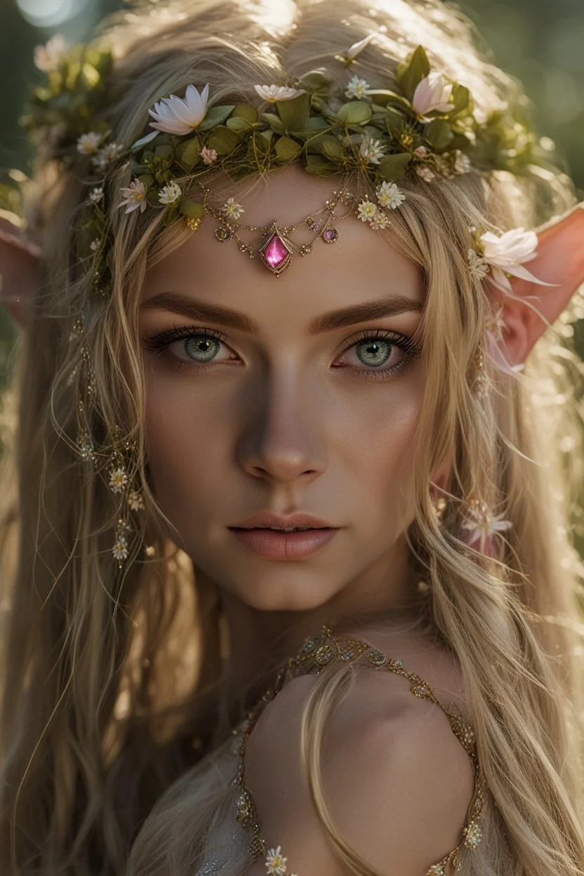 Pointed elven ears,Blonde hair ,Pink dress,Sparkling fairy wings,Very long golden hair,Fairy crown,pointed ears,elven ears,fairy wings,water lilies,sparkling,glittering,flowers,blossoms,golden crown,light pink dress