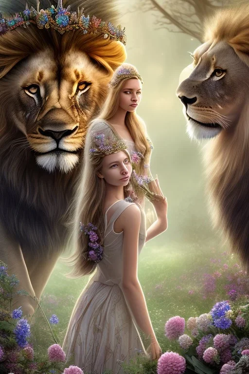 Young beautiful girl wearing floral crown, standing with majestic, stunning lion on nature forest path, floral crown, Chronicles of Narnia, 8k resolution, high-quality, fine-detail, iridescent, intricate, digital art, detailed matte, volumetric lighting, beautiful, illustration, 3D octane render, brian froud, howard lyon, selina french, anna dittmann, annie stokes, lisa parker, greg rutowski,