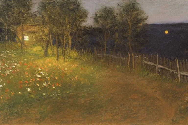 Dry trees, night, full moon, cabin, yard with flowers, fence, philip wilson steer impressionsim painting