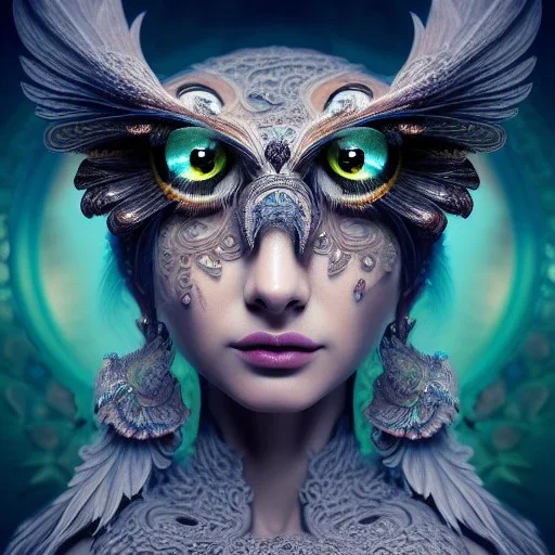 Insanely detailed photograph of an elaborate beautiful owl goddess intricate glowing skin eyes intricate face hair lashes fur dress hyperdetailed painting by Anna Dittmann Huang Guangjian and Dan Witz CGSociety ZBrush Central fantasy art album cover art 4K 64 megapixels 8K resolution HDR Greek shiny space colours jewelry celestial hair eyes light"