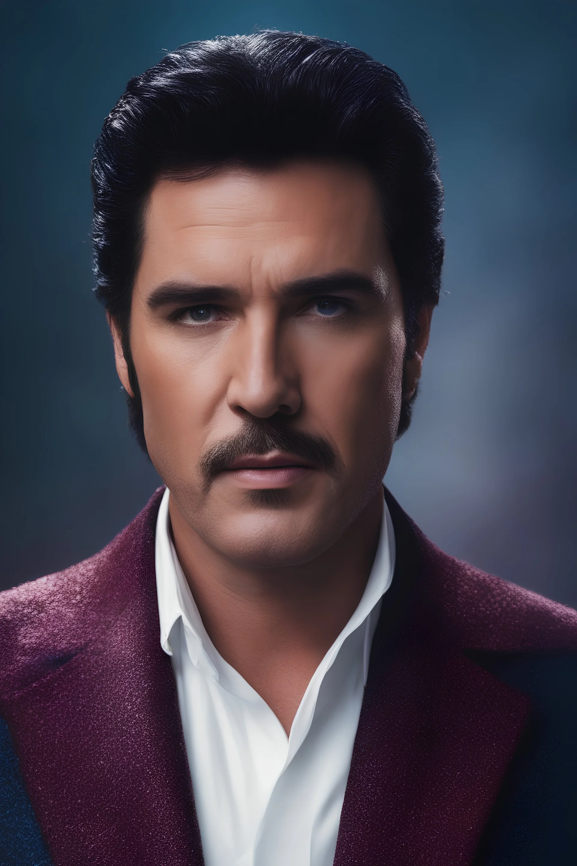 facial portrait - Elvis Selleck - 32k, UHD, 1080p, 8 x 10, glossy professional quality digital photograph - dark blue and dark red, and light maroon and purple and foggy black gradated background, historic, powerful, octane rendering, exquisite detail, 30 - megapixel, 4k, 85 - mm - lens, sharp - focus, intricately - detailed, long exposure time, f8, ISO 100, shutter - speed 1125, diffuse - back - lighting, ((skin details, high detailed skin texture)), (((perfect face))),