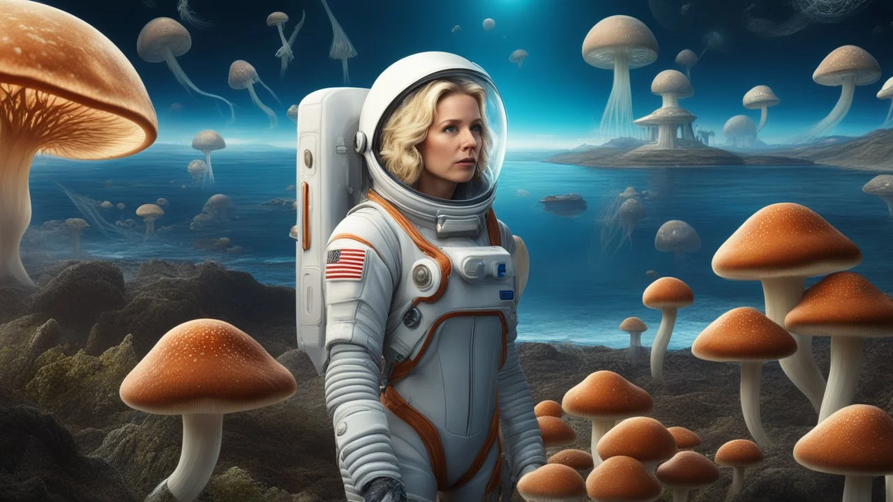 middle-aged, blond-haired woman in a spacesuit, on the shores of an alien world, with mushrooms, with jellyfish tentacles floating in the air, photorealistic, Detailed Matte Painting, Deep Colour, Fantastical, Intricate Detail, sunshine, blue sky