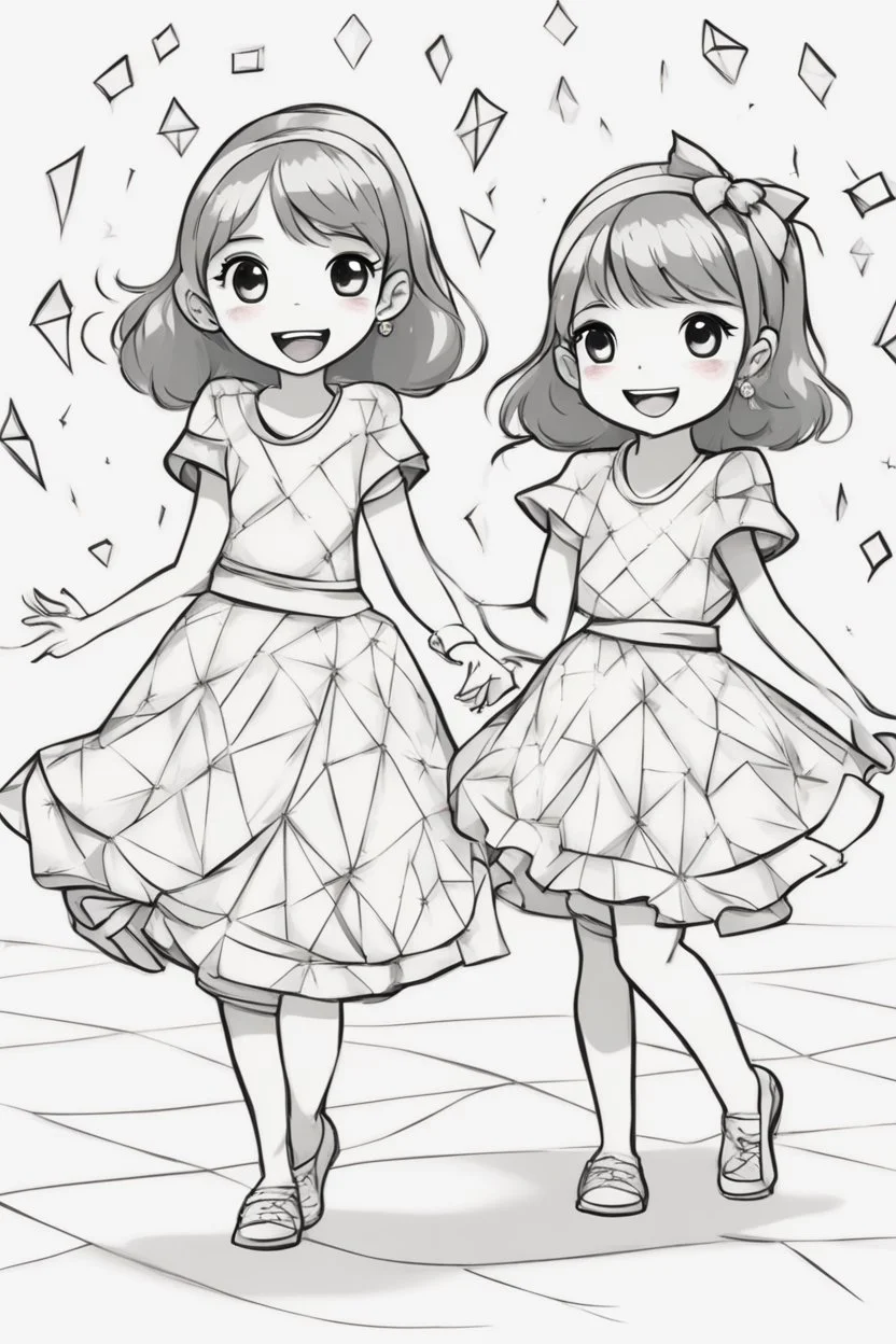 Little girls dancing in diamond-patterned dresses at a festive celebration. Use diamonds for their dresses, party decorations, and the dance floor.,very happy , Colloring page for todlliers ; basic hawali style cartoon , black and white , ink outlines , , smooth , anime style , minimalist , cute eyes , full body , white shose , sketchbook , realistic sketch , free lines , on paper , character sheet , clean line art high detailed