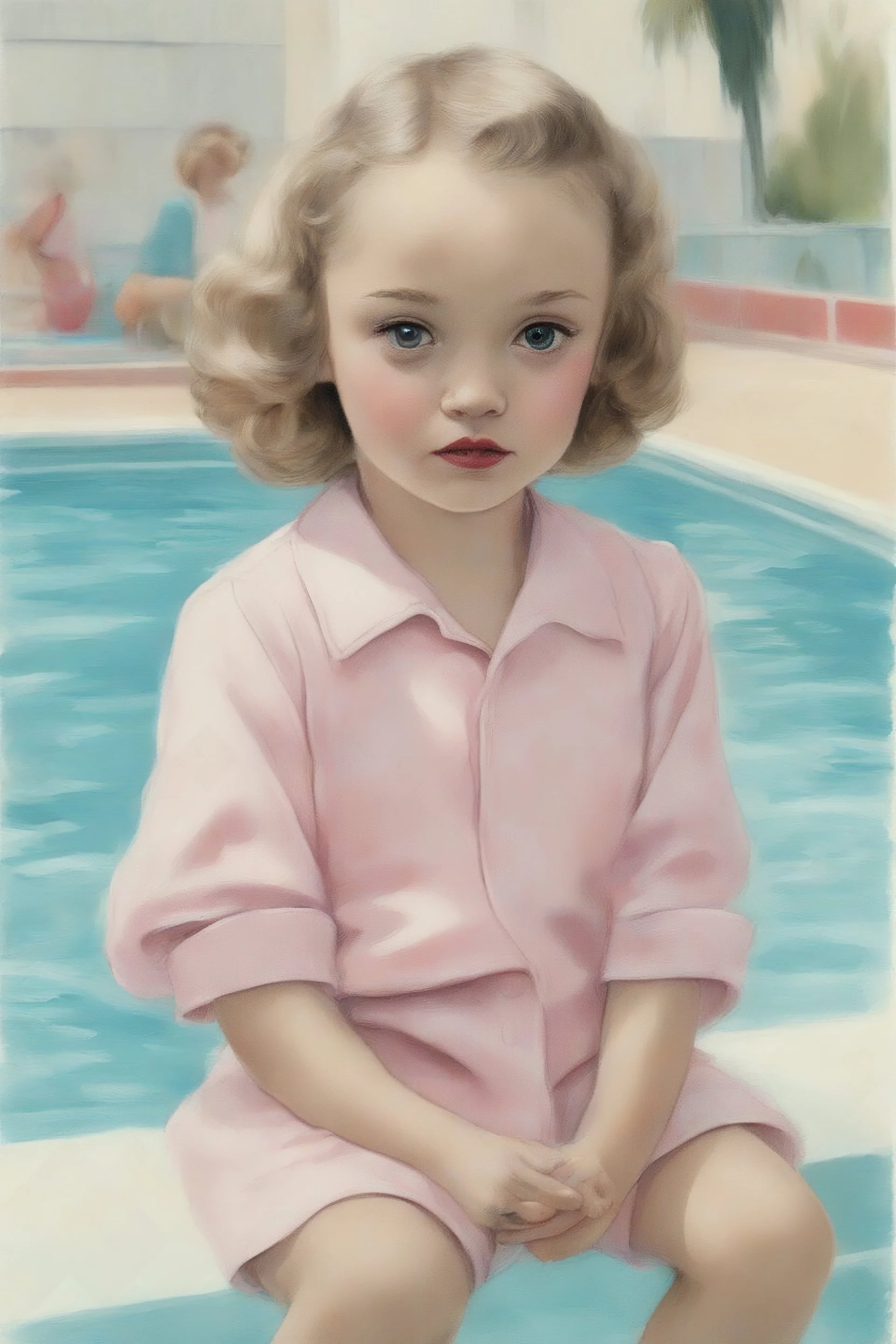 1950s illustration of lily-rose depp as a toddler, at the swimming pool, style of Marcel Marlier, pastel colors