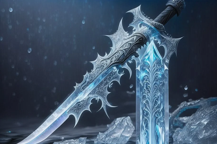 One fantasy greatsword that is slender, translucent blade made of ice. The hilt is made up of swirling vines, a vibrant crystal at the pommel. With a black background behind it. HD