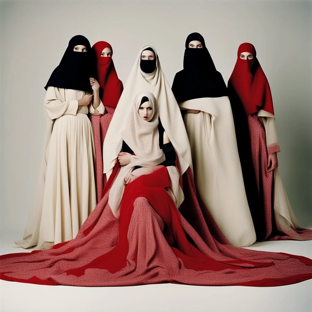 no face A fashion photography of a group wearing traditional Middle Eastern , no face in a white studio with a red scarf around the head and a long skirt, posing for Vogue magazine in the style of James Bidgood photographed in the style of Tim Walker. --ar 101:128 --v 6. 0