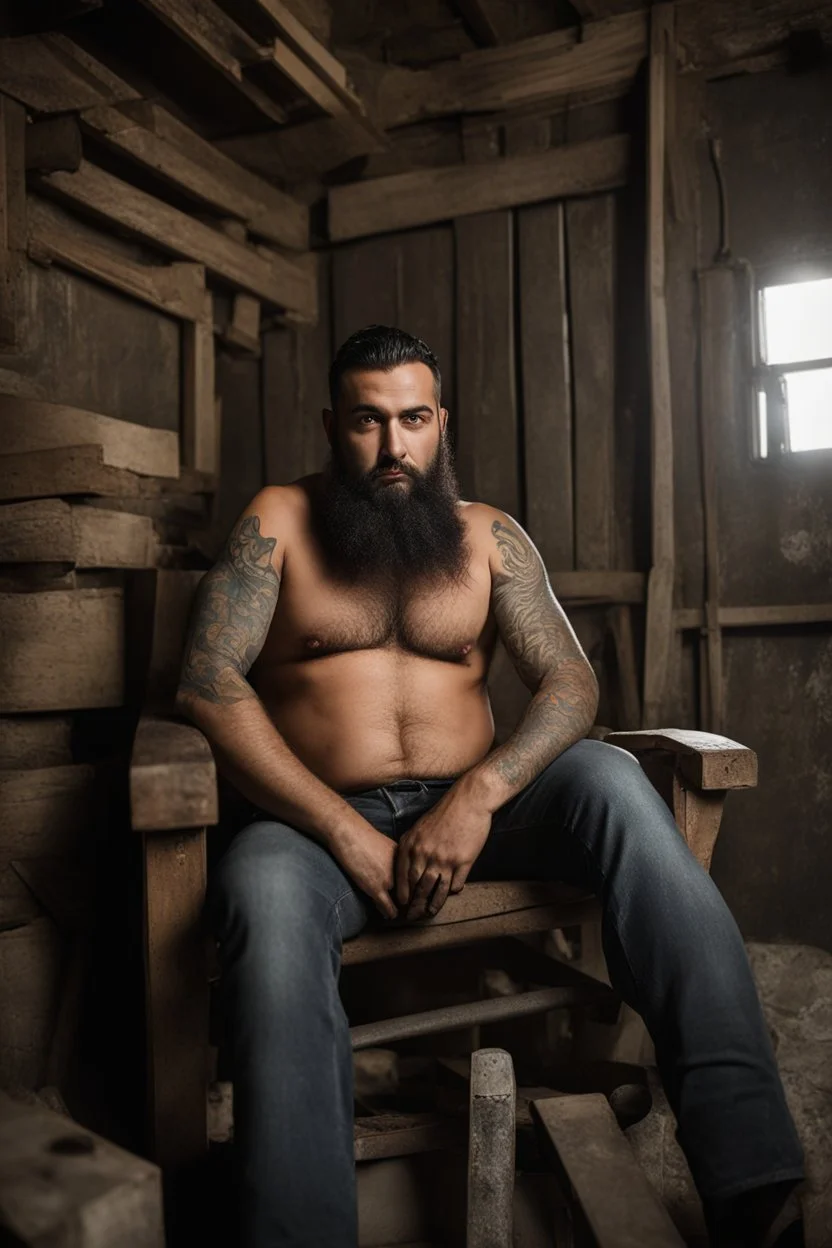 full figure shot photography of a 33-year-old turkish heavyset tattoo very hairy sweaty worker sitting spread-legged in an old armchair inside a construction site shed, dressed in shorts, shirtless, stubble, big manly legs, serious eyes, midnight, dim neon lights illuminating and shine on the beards of sweat that fill his large chest, photorealistic , ambient occlusion