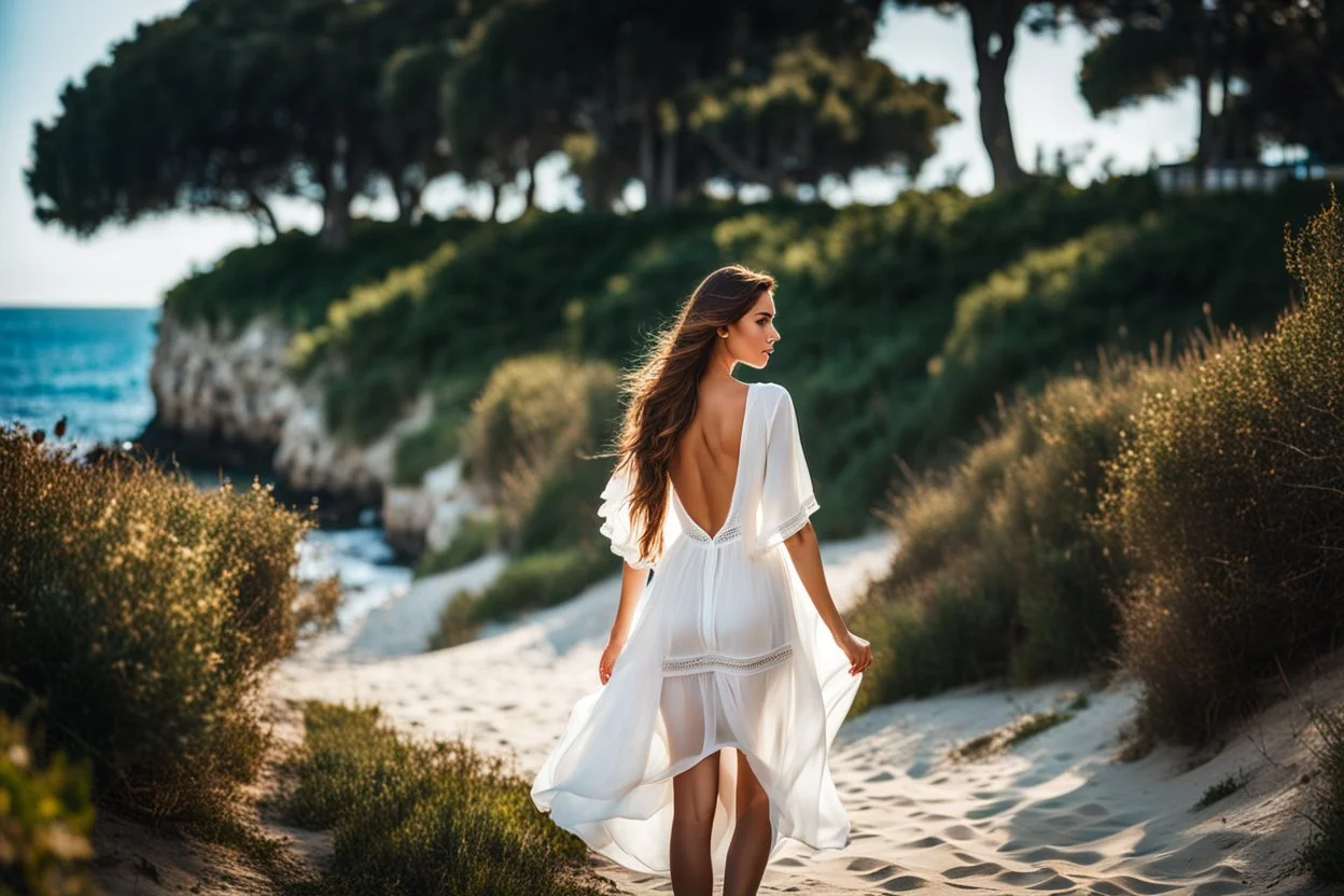 long shot, beautiful Turkish girl with nice blue eyes wearing a dress walks in shore toward camera , sharp focus all the scene, natural light, vertical composition, relaxed and natural, fresh and comfortable ,in seaside there are luxury beach hotels.