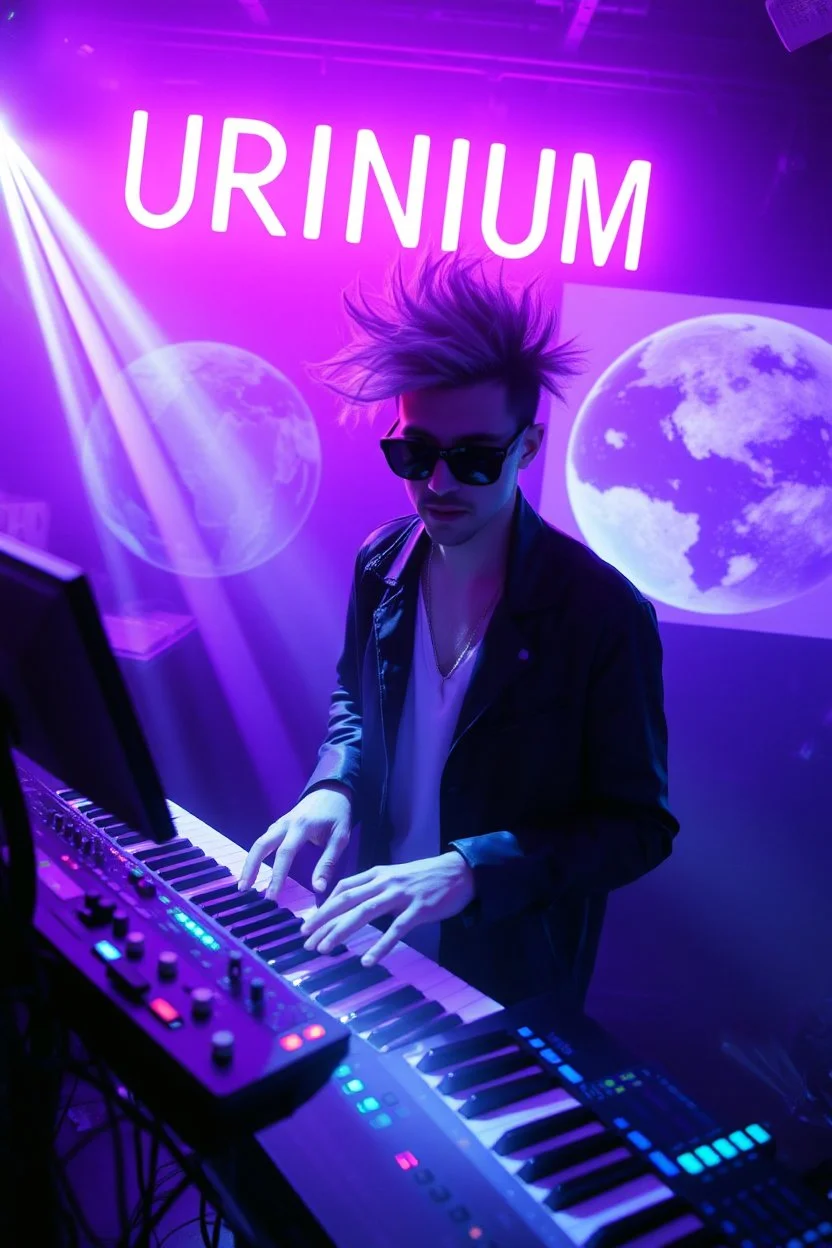 French cool synth player with crazy techno acid hair, he is called "Jean-Maurice Brûlée" performing at dance club, his name is "Jean-Maurice Brûlée" , white and purple Neon lights and purple smog, and "URINIUM" big sign on the wall, he is playing on synthesizers on stage with lot of laser beams and wearing black sunglasses, an earth is projected in background