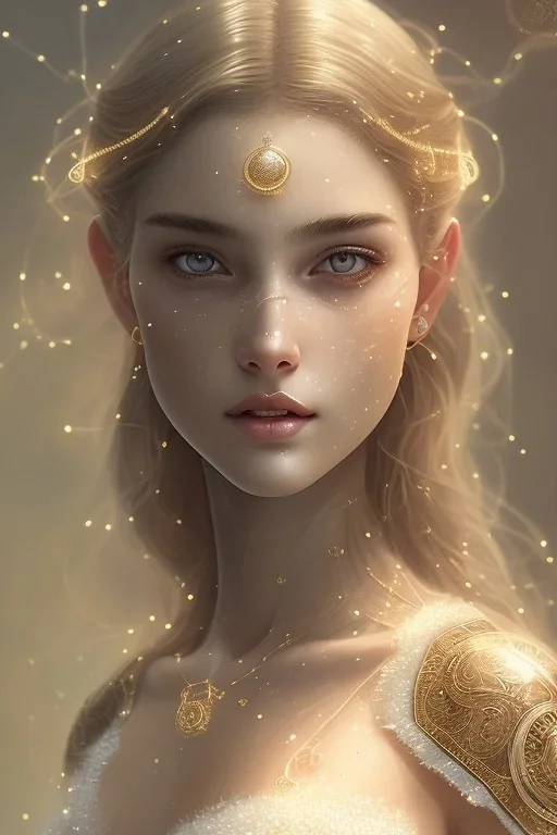 portrait of teenage aphrodite, light freckles, dirty blonde hair, smiling kindly, wearing an embroidered white linen dress, lace neckline, intricate, elegant, mother of pearl jewelry, glowing lights, highly detailed, digital painting, artstation, concept art, smooth, sharp focus, illustration, art by wlop, mucha, artgerm, and greg rutkowski