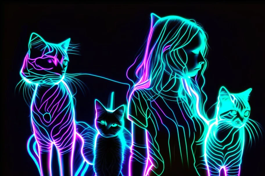 black background, outlines of a holographic girl and cats drawn from thin neon-coloured glowing lines