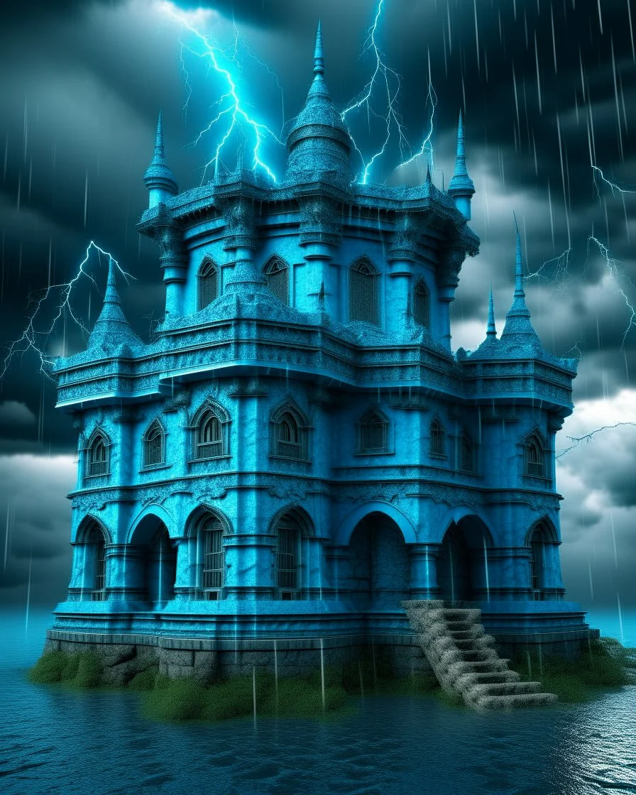 A cyan fortress in a thunderstorm designed in German folk art