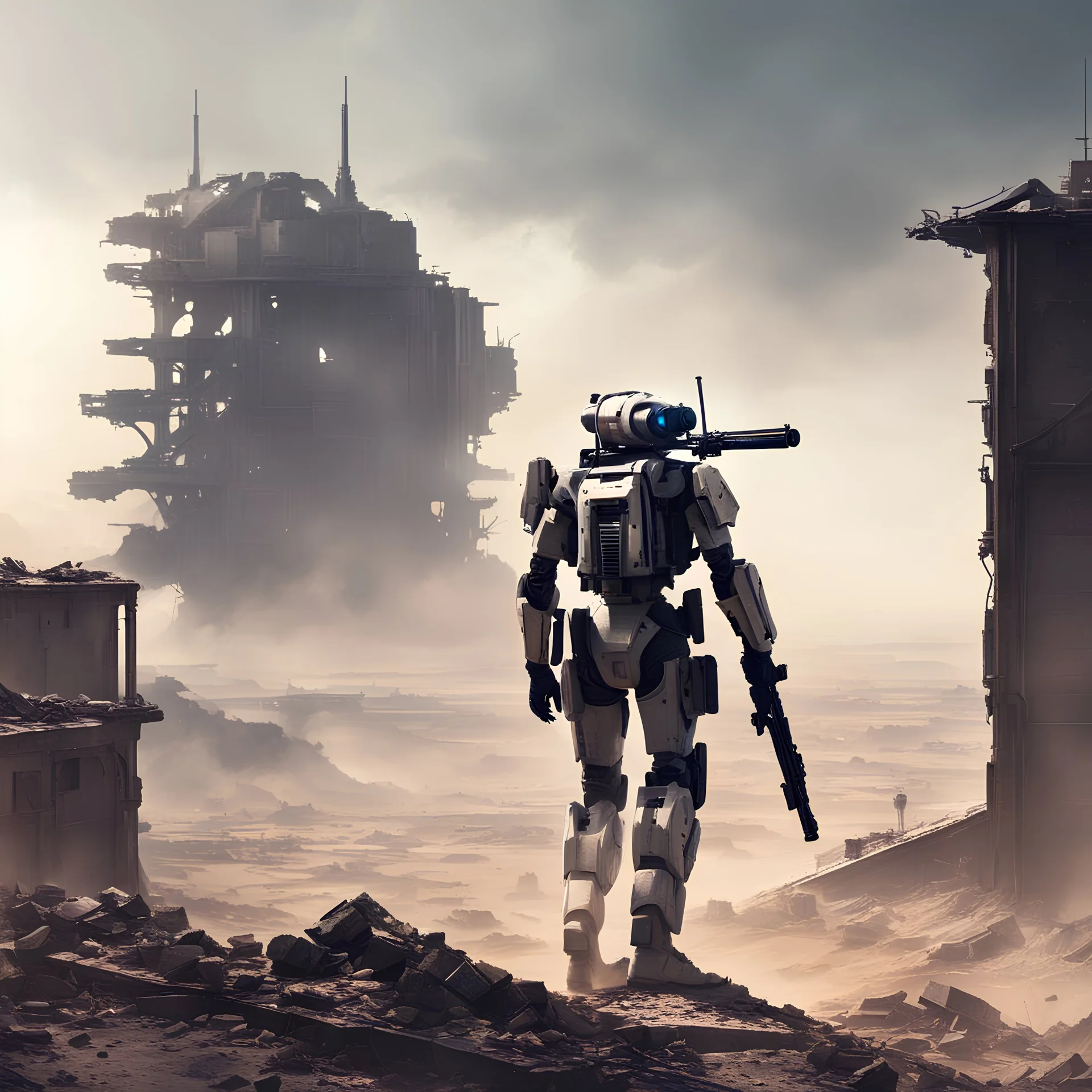 Scifi robotic sniper, on the top of a ruined building, in the dust