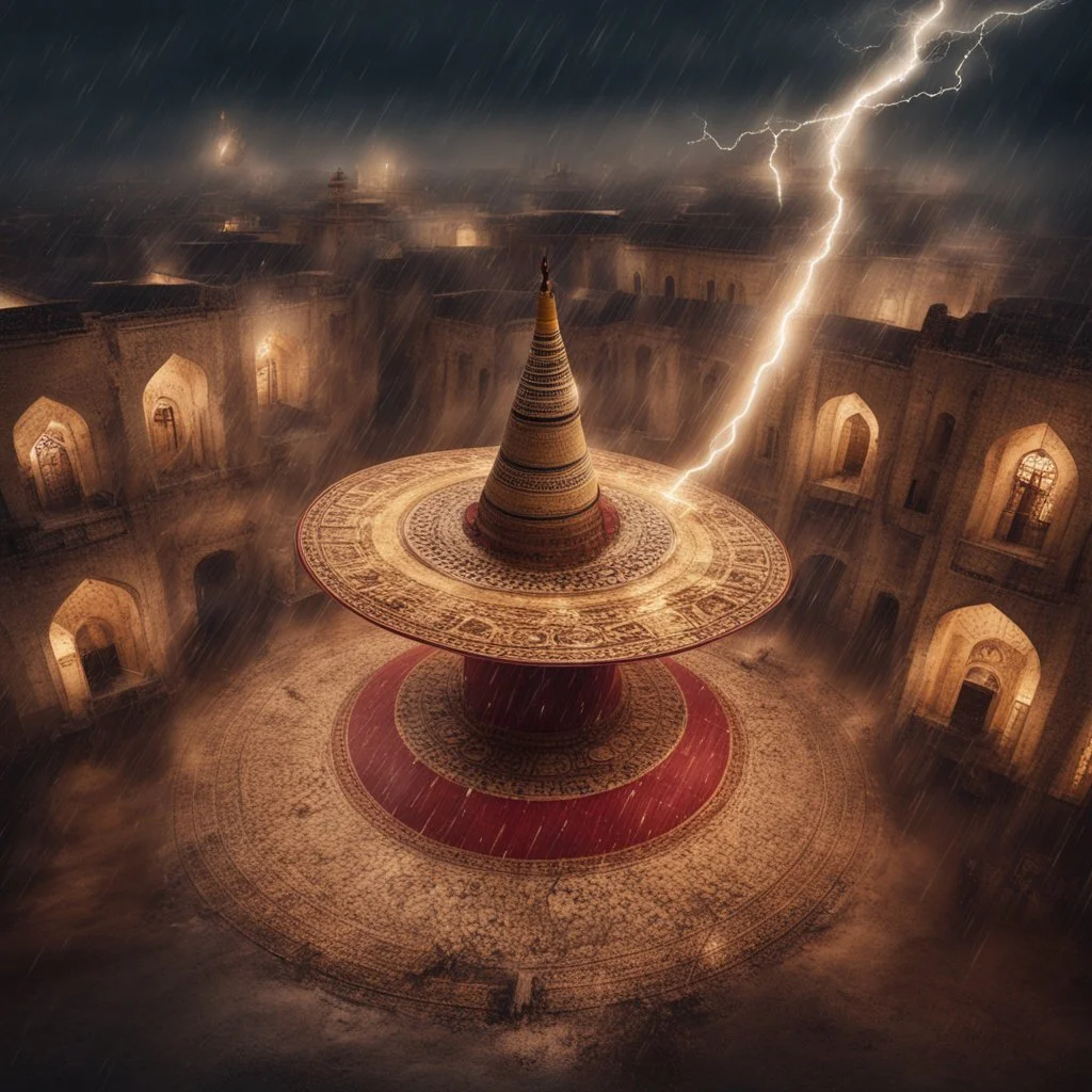 Hyper Realistic photographic-aerial-view Sufi Whirling with Golden & Maroon Islamic Sufi Rustic Grungy Background with thunderstorm at heavy rainy night outside an ancient Islamic architectural building showing dramatic & cinematic ambiance.