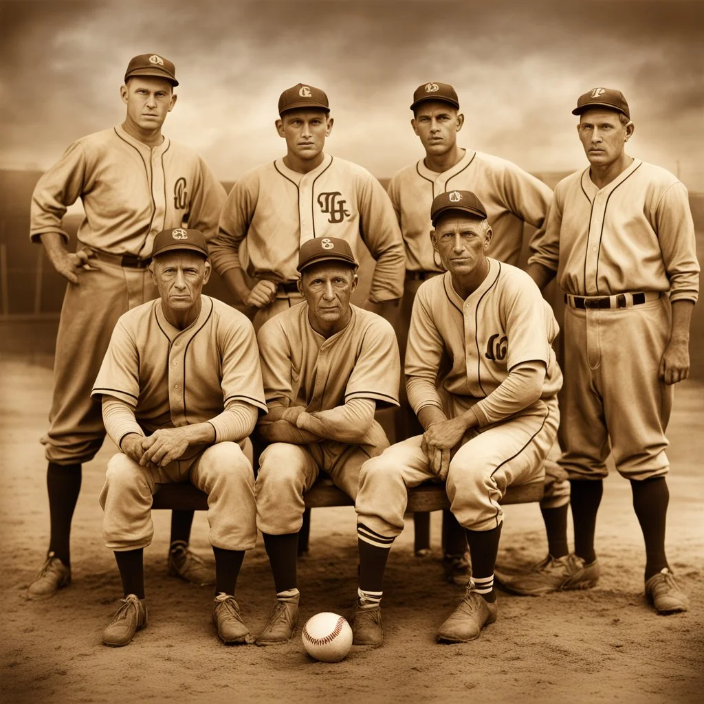 Old-timey Baseball Team Photo, extra-terrestrial baseball players are alien 'Greys', sepia tones, intricate detail, photorealism, Sports Illustrated cover photo by Charles M. Conlon, canon HD 4D lens, cinematic perfection.