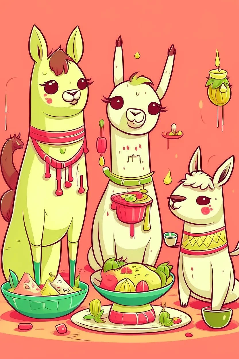 llamas eating dumplings n the style of hello kitty