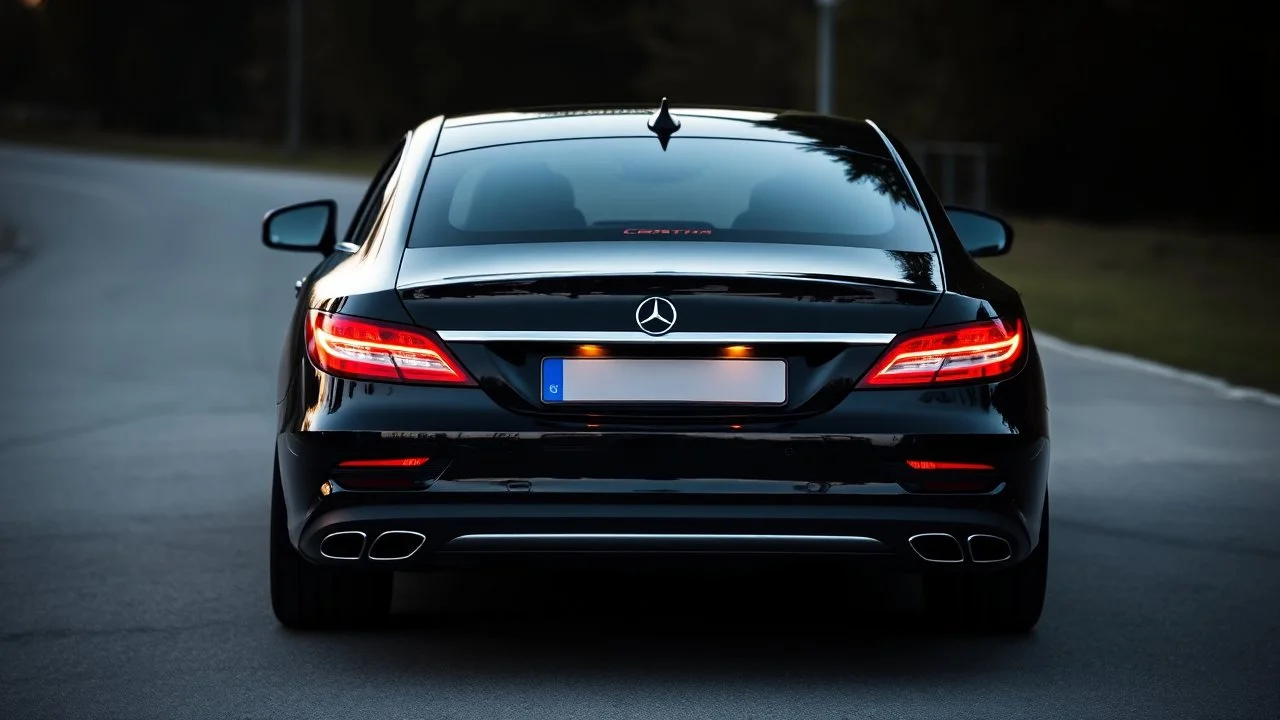 Full image of the rear view of a black Mercedes-Benz CLS with lights on