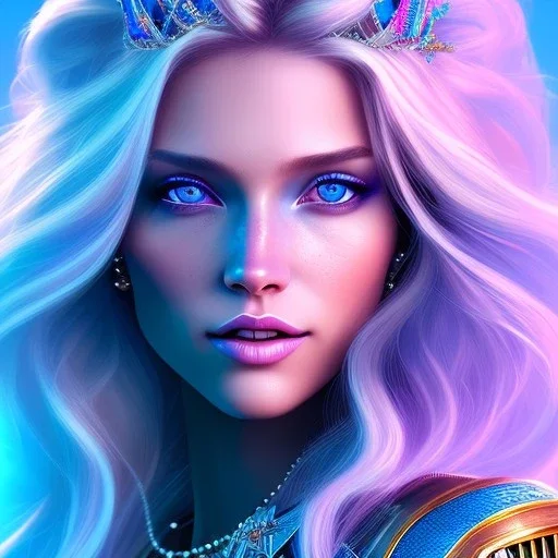 A portrait of a full body crystalised blue pink queen,smiling face, blue eyes, long blond hair, atmospheric, realistic, unreal engine, lighting