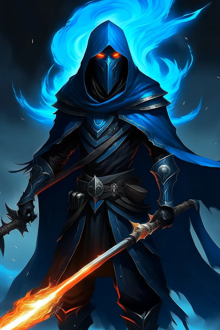 A warrior with a matte black combat helmet and eyes with bright blue flaming pupils, a black cape and a long coat with long combat boots and a long, sharp and fiery spear and with his helmet under his cape and two blue flames instead of eyes