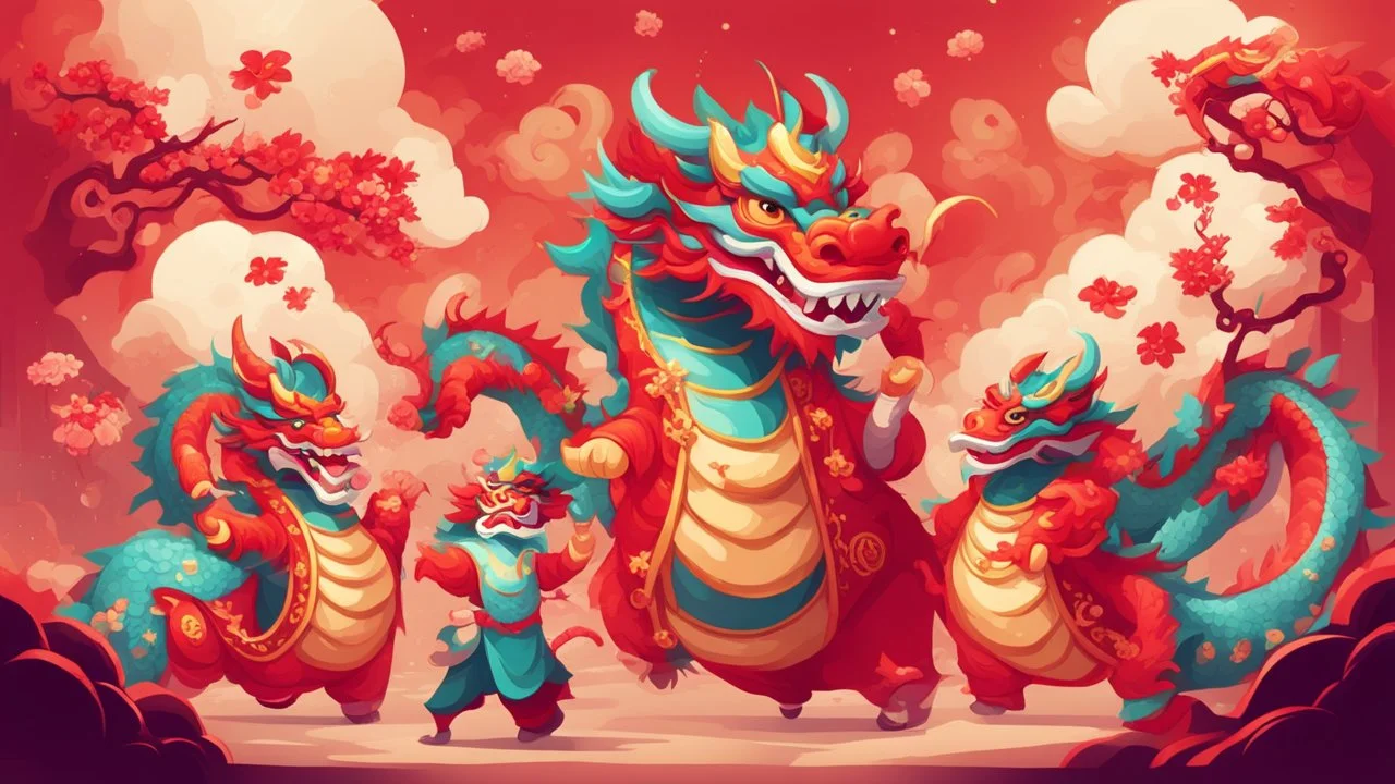 fantasy cartoon style illustration: chinese new year celebration dragon dance