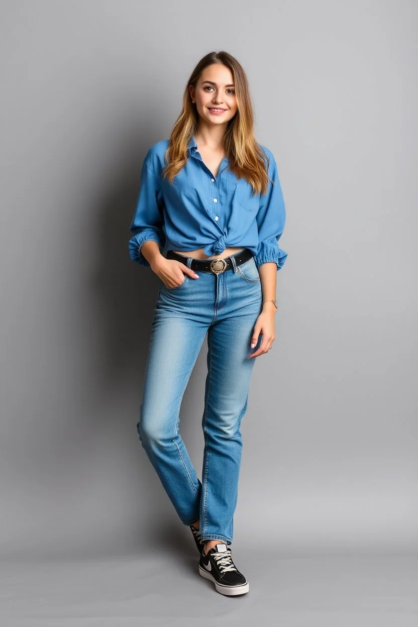 simple background a beautiful young lady wearing jean pants and blue blouse full body standing pose,sport shoes