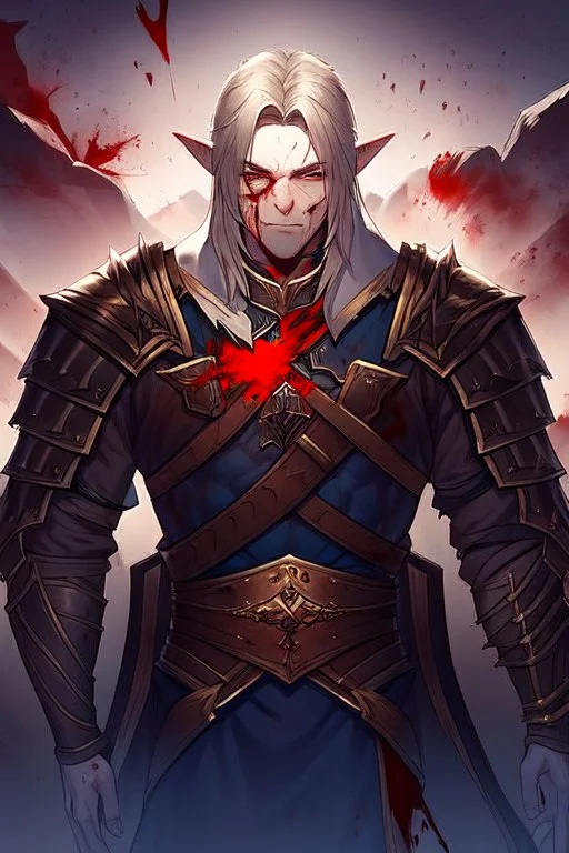 Armored Male Blood Knight Elf by manhwa or korean webtoon style there are lightning and blood spurts around the man, his face pointed at the camera, and with a serious look he lets his opponent know that it's his turn