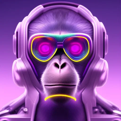 A beautiful portrait of a cyborg monkey purple neon color scheme, high key lighting, volumetric light high details psychedelic background