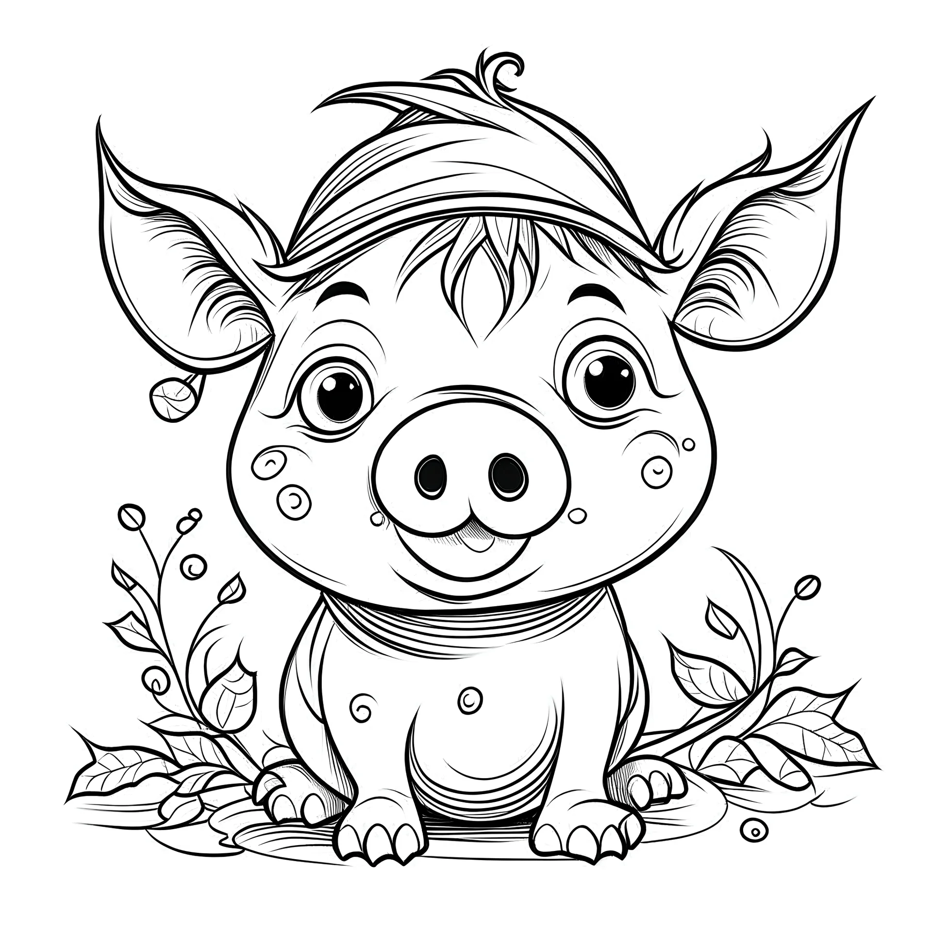 Pig, cute , baby,coloring book, vector,pages with witch, ,white background,sketch, outline,styla,