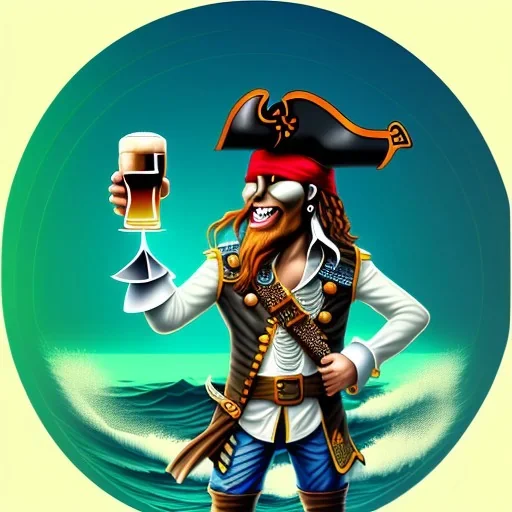 Die digitale Illustration zeigt einen Piraten mit kurzen, schwarzen, lockigen Haaren und einem runden Gesicht. Er trägt Piratenkleidung und hält einen Becher Bier in der Hand. Der Hintergrund der Illustration ist das Meer, auf dem ein Piratenschiff segelt. Verschiedene Zitrusfrüchte liegen verstreut herum und die Farben sind gedämpft. Die Illustration zeichnet sich durch detaillierte Fantasy-Kunsttechniken und eine auffällige Komposition aus. Der Pirat hat einen dynamischen Posing-Stil und 