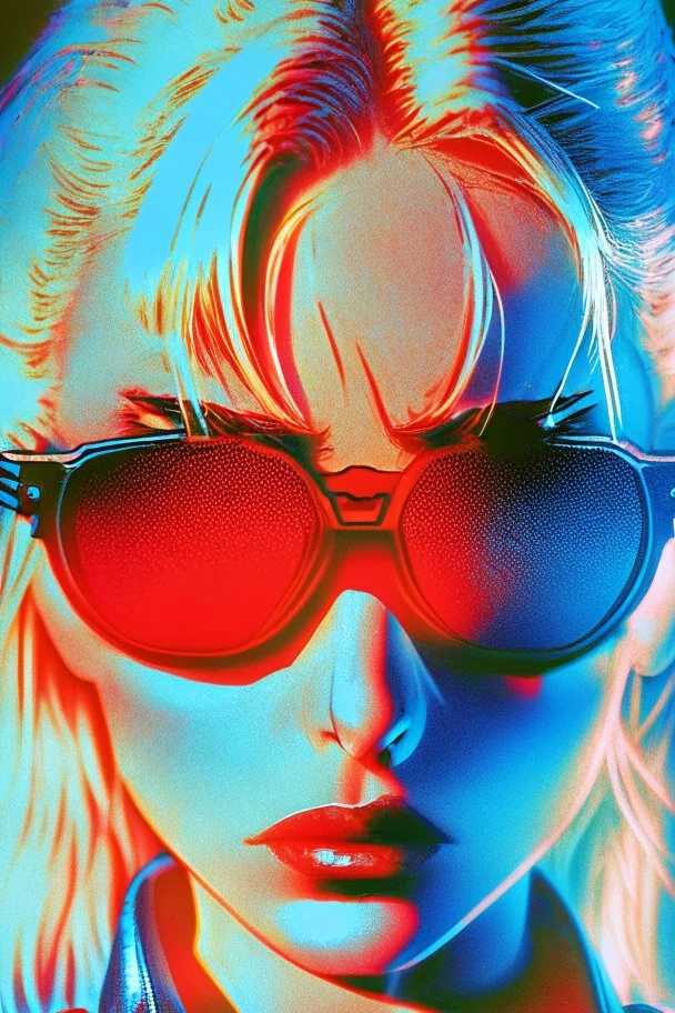 Photo of a beautiful blonde female Terminator, with dark sun glasses, bright red eye, up close, Hollywood movie poster vibes, blue light night time, high contrast dark moody lighting.