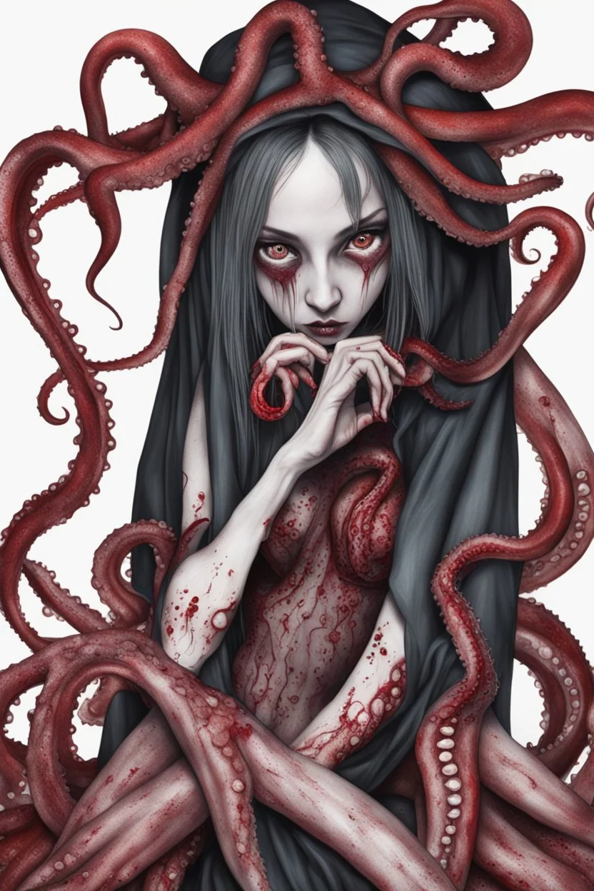 blood, goth woman, leaning pose, full body, squid, octopus creepy, horrifying, sinister, 8k, macro photography,