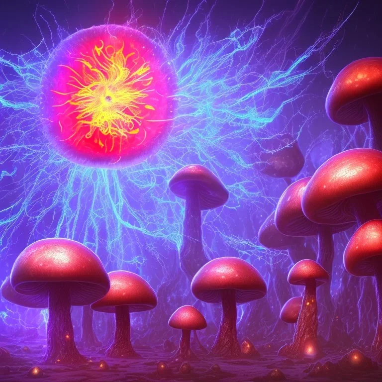 Spherical Frost metal magic armoured pink lightning Mycelium giant blob red MUSHROOM flower BURNING IN BLUE FLAMES hellfire abyss stars SPACE lANDSCAPE