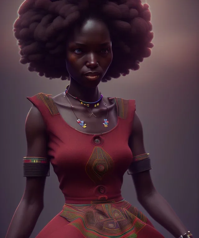 Negra Francisca, cute, beautiful, African, red fabric dress, black hair, head and shoulders portrait, 8k resolution concept art portrait by Greg Rutkowski, Unreal Engine 5 volumetric lighting