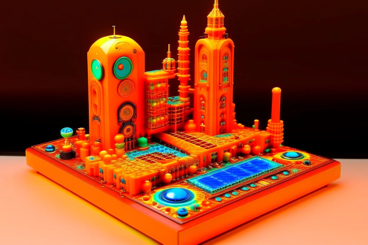 A salmon orange colored electrical city made out EDM instruments designed in Ica stones painted by Gustav Klimt