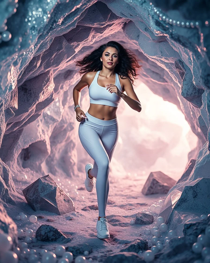 make a video pretty crystal cave covered with jwelary and 3d recursive cubic and sphere base pearls and a beautiful fashion model lady with cute,curvy hair,makeup, in pretty sports suit is running inside cave ,dynamic camera fallow her inside cave capturing full body, dynamic lights.