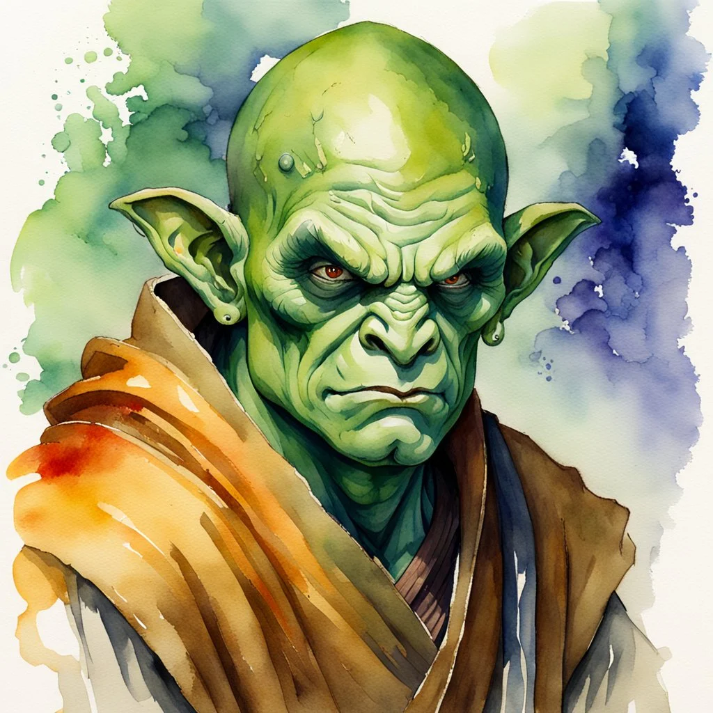 fantasy, watercolour, illustration, portrait, half-orc, monk, abbot