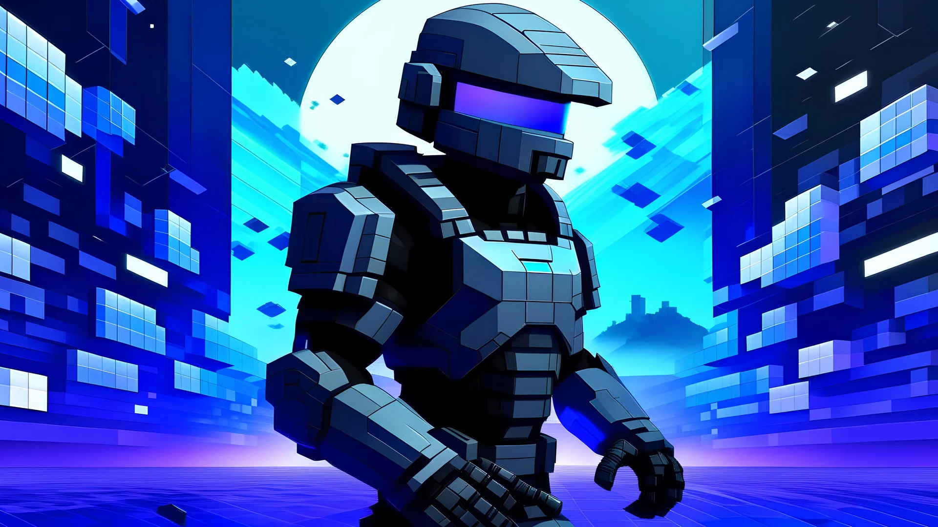 Crea una escena para fondo perfil de facebook que el personaje principal sea un Steve de Minecraft y a los lados odst del universo de halo, con una mezcla de colores de morado, azul, blanco