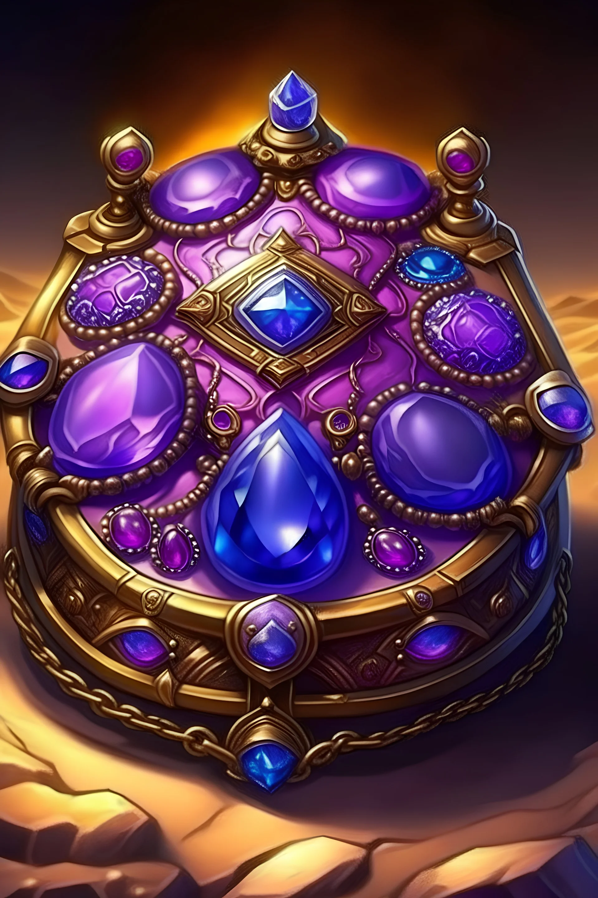 creates a purple breastplate of a Jewish high priest and 12 gems in it, each one shining, in the middle of a desert