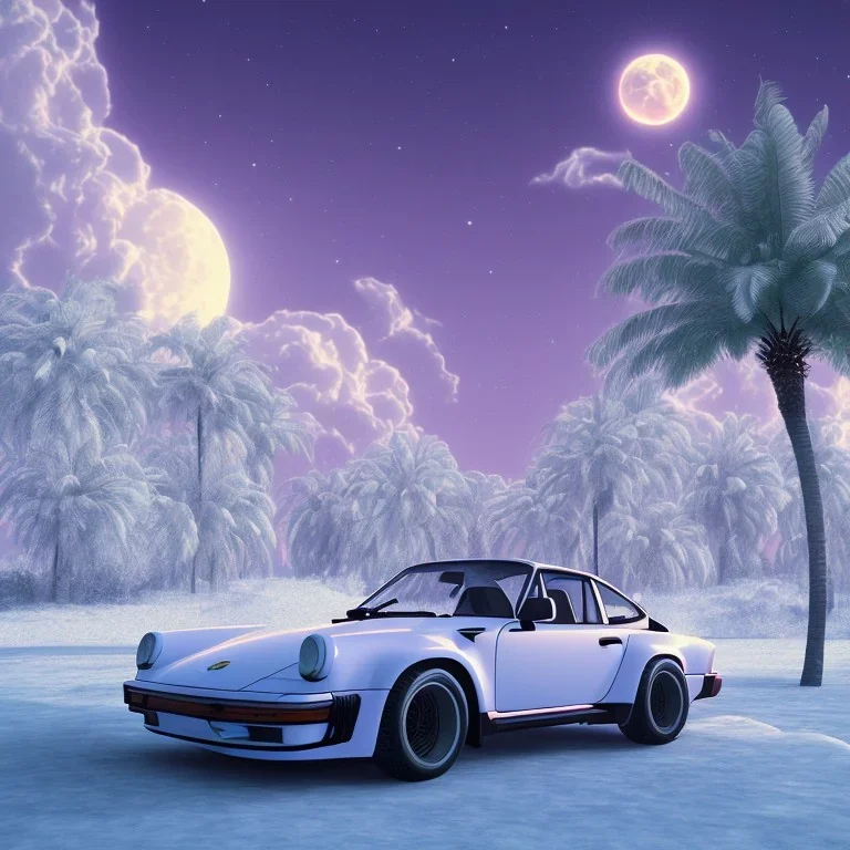 1980's aesthetic vaporwave palm trees with moon with porsche in the winter snow with lightning