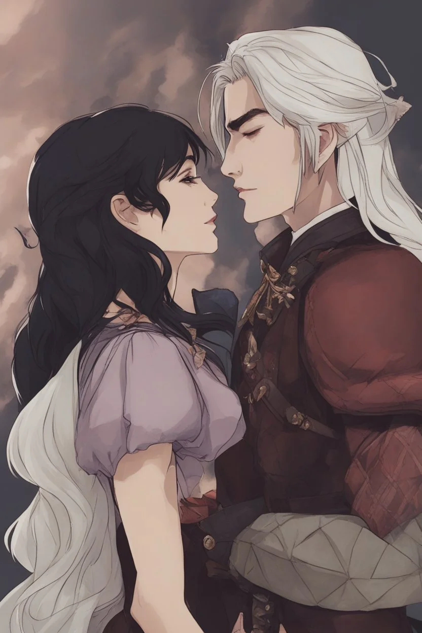 A couple from the dnd game curse of Strahd kissing. She has white hair he has long black hair. Romantic, sweet, loving, possessive, protective, kiss