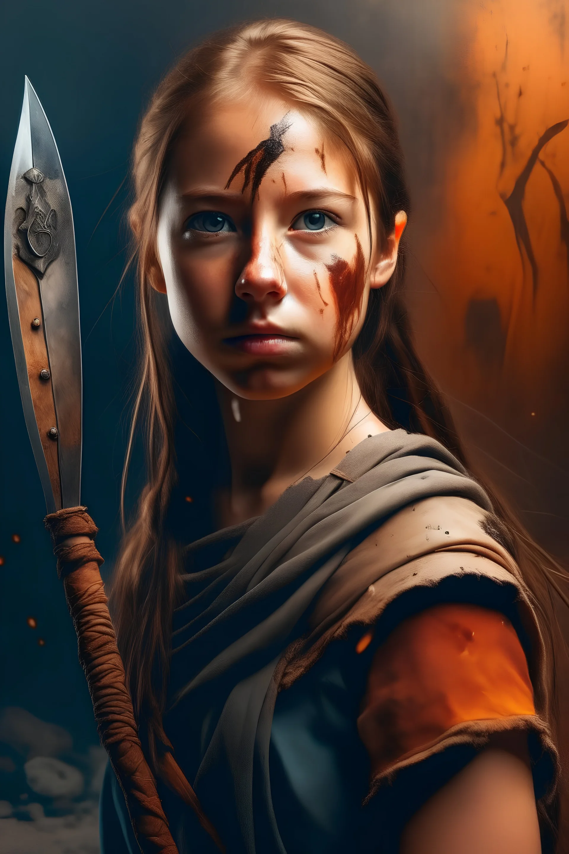 A girl who is half a warrior hold a sord and half a broken woman with fired background