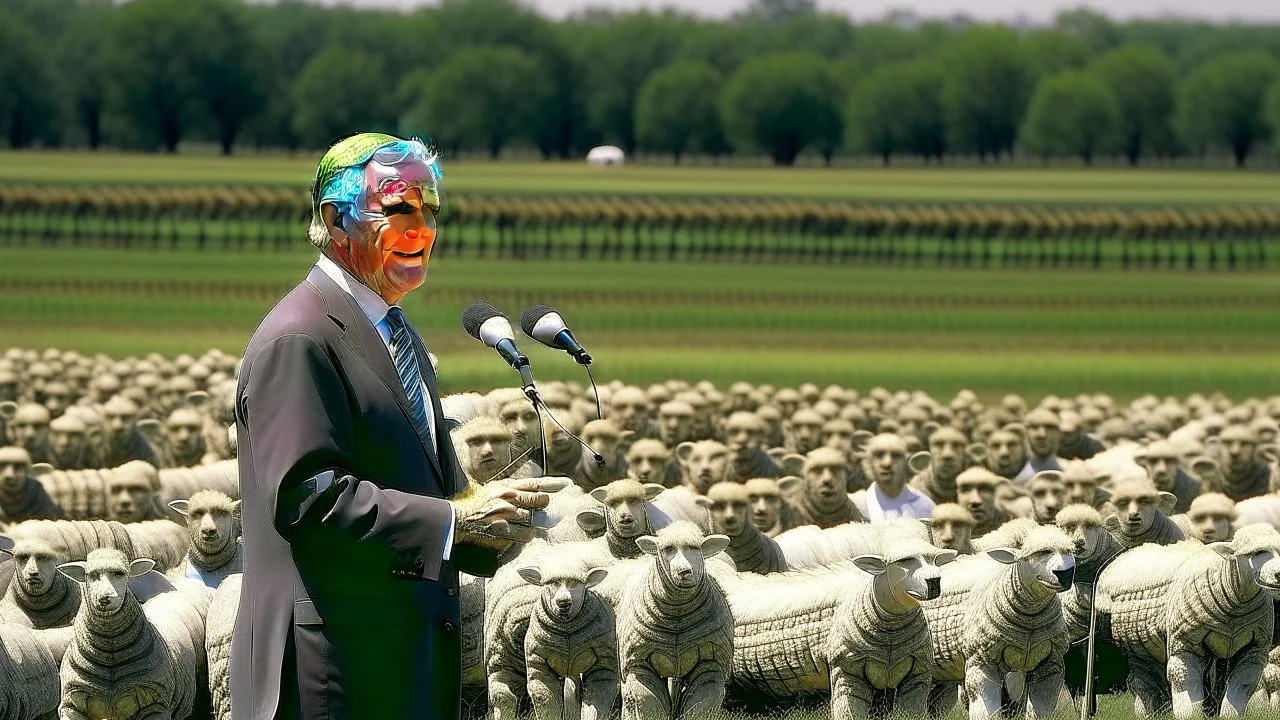 George w bush at podium speaking to large field of sheep