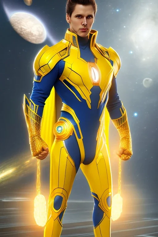 Cosmic super hero, future wepon , yellow costume,4k image, full body man