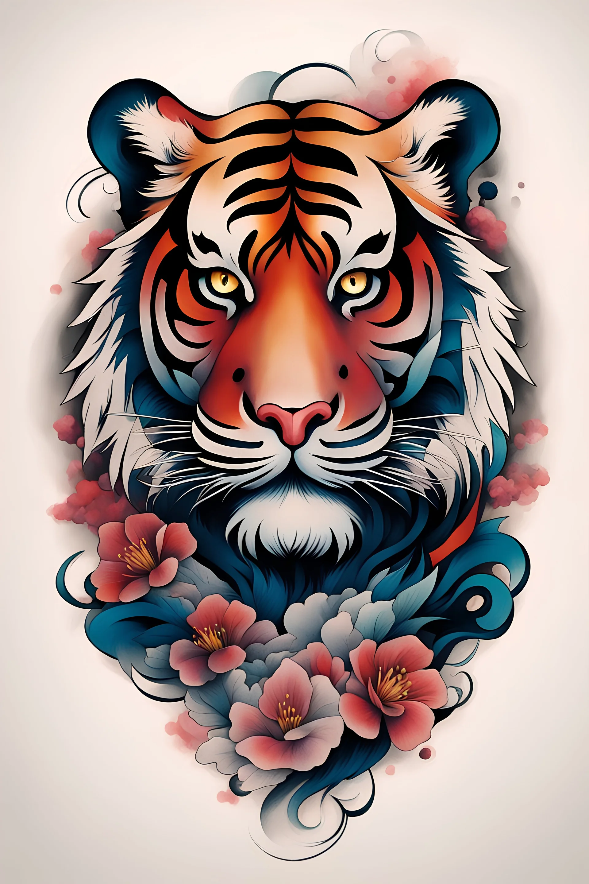 Create a captivating modern 2d colorfull ink tattoo design for print , prestigious tiger using the elegant influences of japan art style, for print, dynamic elements from fashion and design, and bold Japanese contemporary art aesthetics, framing centered in the center, distanced from the edges of the paper perimeter,