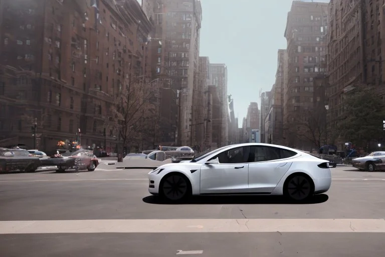 A Tesla 'Model S' is drifting at high speeds, near the Flatiron Building in Manhattan. (CINEMATIC, WIDE ANGLE LENS, PHOTO REAL)