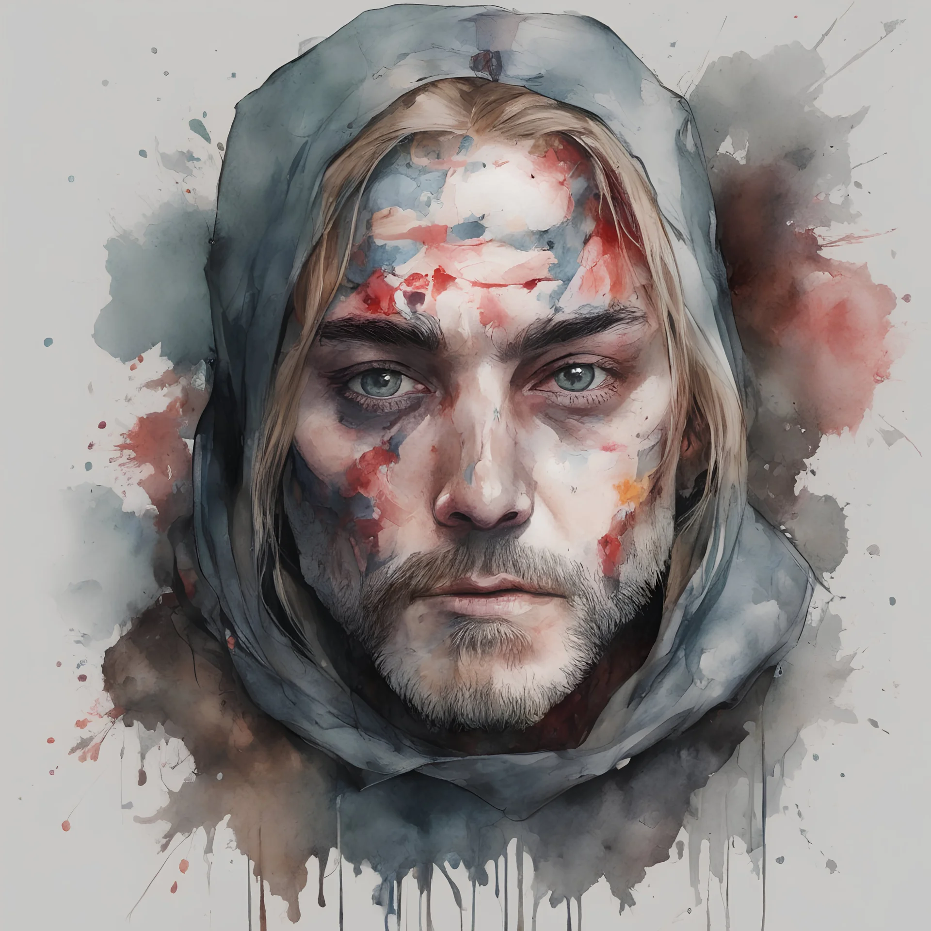 highly detailed, watercolor concept illustration of a Nordic rogue thief character , maximalist, sharp focus, highest resolution, in the styles of Agnes Cecile, and Alex Pardee, 8k, coarse, gritty textures