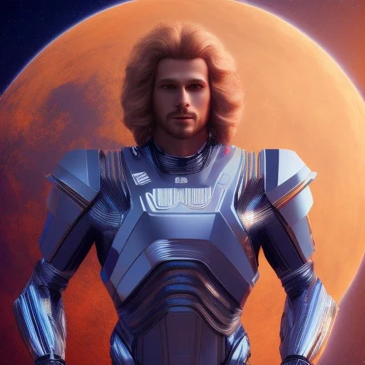 Full body ,Beautiful cosmic man, blue eyes, long blond hair, cosmic suit, galactic backdrop, soft lighting, hyper realistic, unreal engine 5, 16k