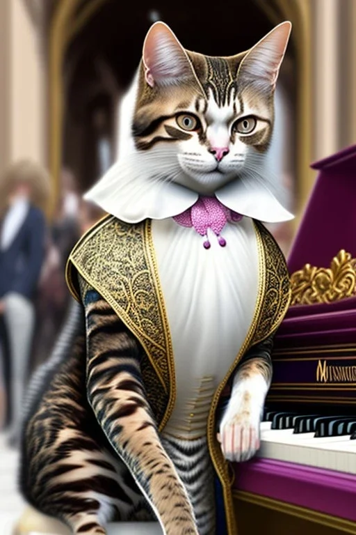 Mature cats dressed like "Wolfgang Amadeus Mozart", real paws, playing piano, street, Vienna, friendly, sunny day, model style, hyper realistic, extremely accurate, delicate, extremely detailed, Graphic novel style, wide-angle, open aperture, superfine pencil