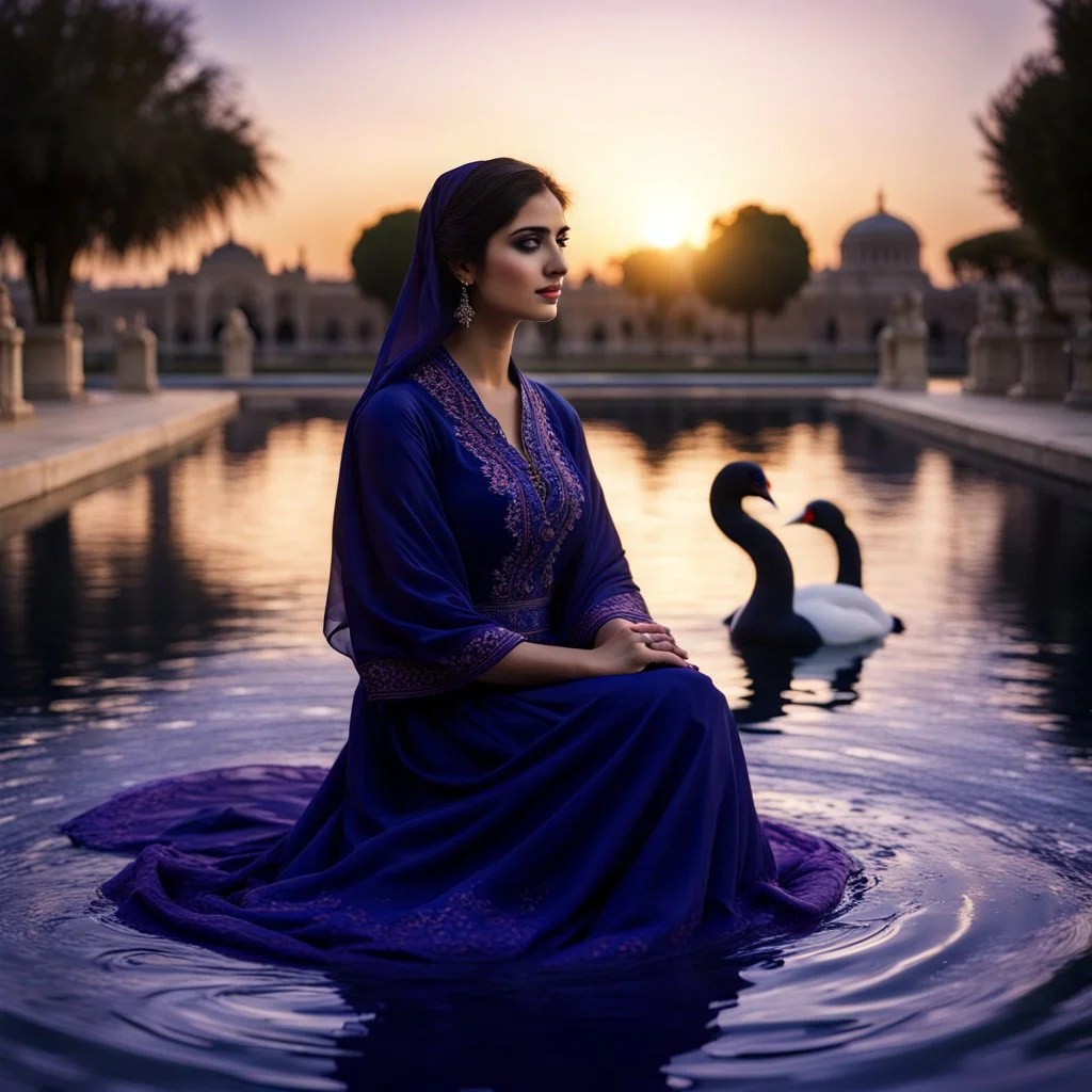 Hyper Realistic Photographic Close-Up-Face-Silhouette View Of A Beautiful Young Pashto Woman wearing navy-blue-embroidered-dress-with-purple-shawl happily-sitting on the surface of a fancy-water-fountain & a swan swimming on the surface of water at cloudy sunset showing dramatic & cinematic ambiance.